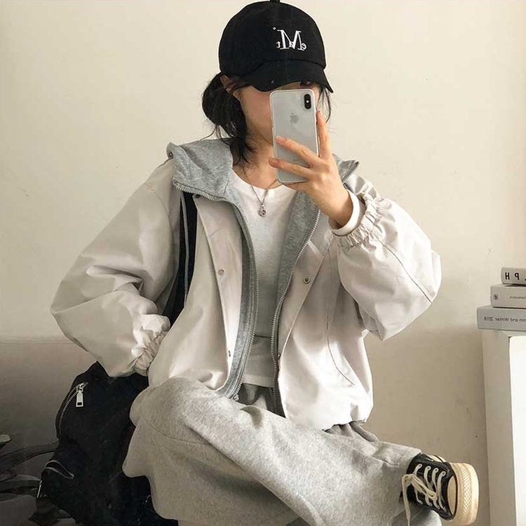 カジュアルバイカラーフードミリタリージャケット IVORY
