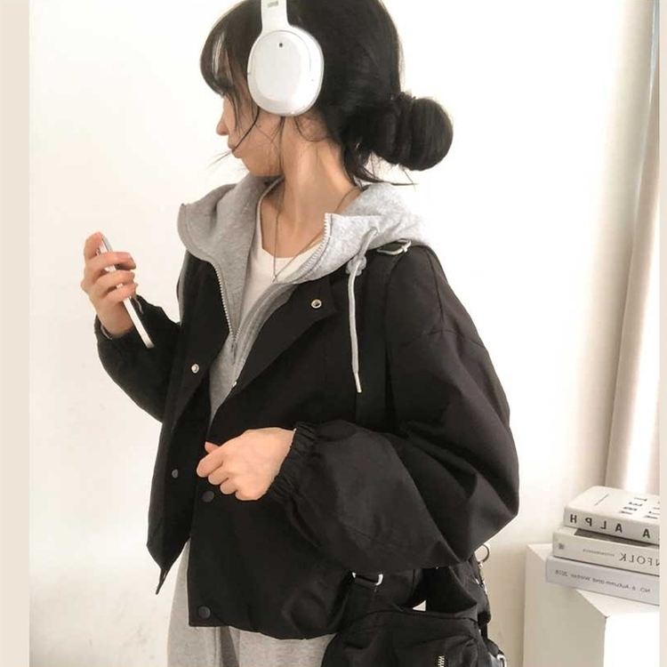 カジュアルバイカラーフードミリタリージャケット BLACK