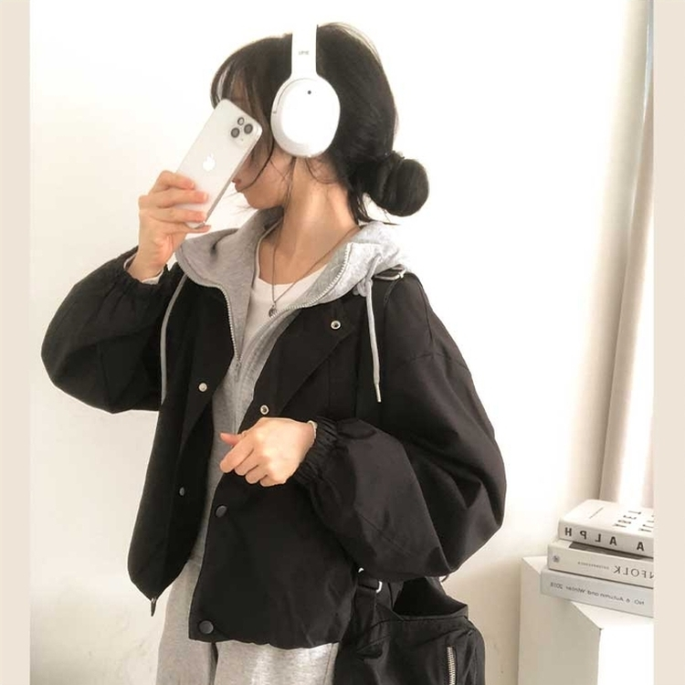 カジュアルバイカラーフードミリタリージャケット BLACK