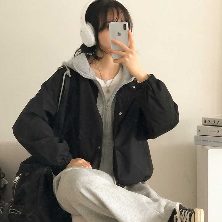 カジュアルバイカラーフードミリタリージャケット BLACK