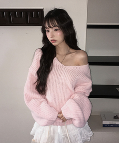 美品　ピンク Vネック 五分丈綺麗めニット オーバーフィットVネックニット｜ニット｜韓国ファッション通販 SONA