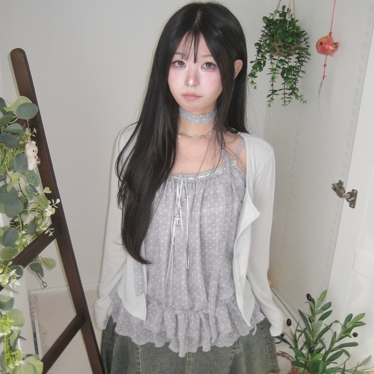 【SET】ドットキャミソール＋カーディガン＋タイ SKY BLUE