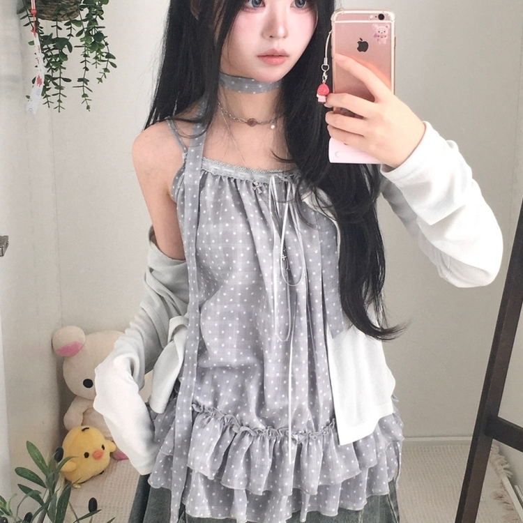 【SET】ドットキャミソール＋カーディガン＋タイ SKY BLUE