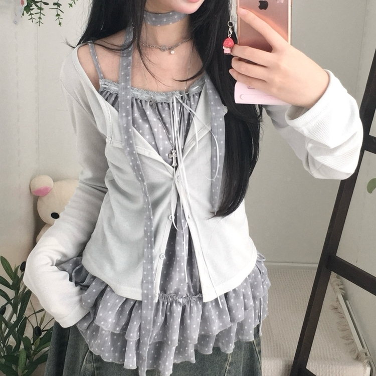 【SET】ドットキャミソール＋カーディガン＋タイ SKY BLUE