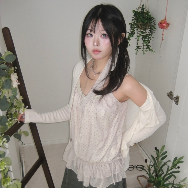 【SET】ドットキャミソール＋カーディガン＋タイ IVORY