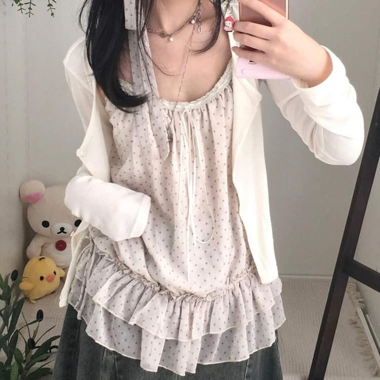 【SET】ドットキャミソール＋カーディガン＋タイ IVORY