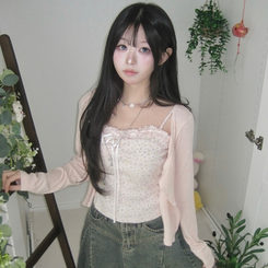 【SET】レース小花柄キャミソール＋カーディガン PINK