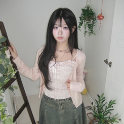 【SET】レース小花柄キャミソール＋カーディガン PINK