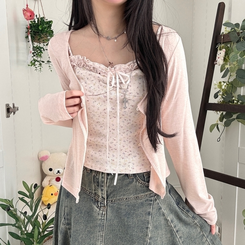 【SET】レース小花柄キャミソール＋カーディガン PINK