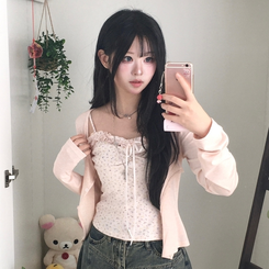 【SET】レース小花柄キャミソール＋カーディガン PINK