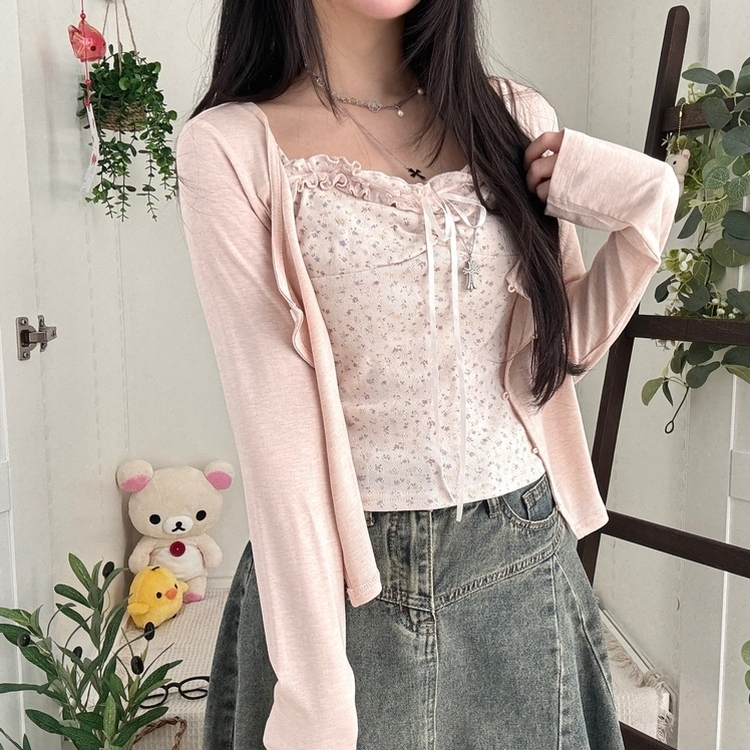 【SET】レース小花柄キャミソール＋カーディガン PINK