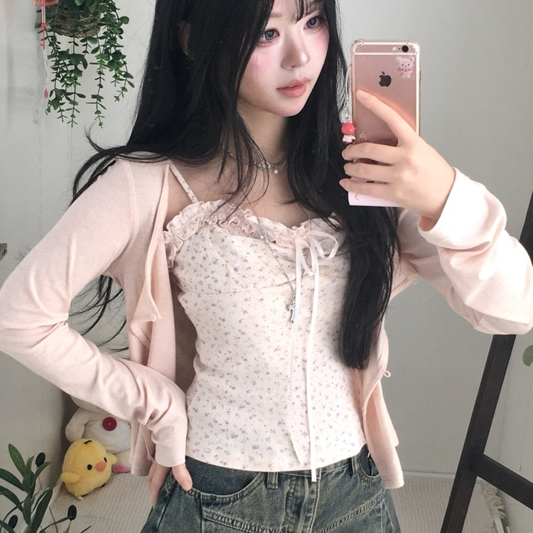 【SET】レース小花柄キャミソール＋カーディガン PINK