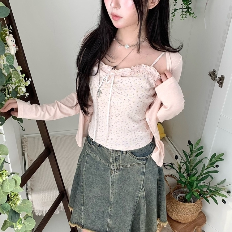 【SET】レース小花柄キャミソール＋カーディガン PINK