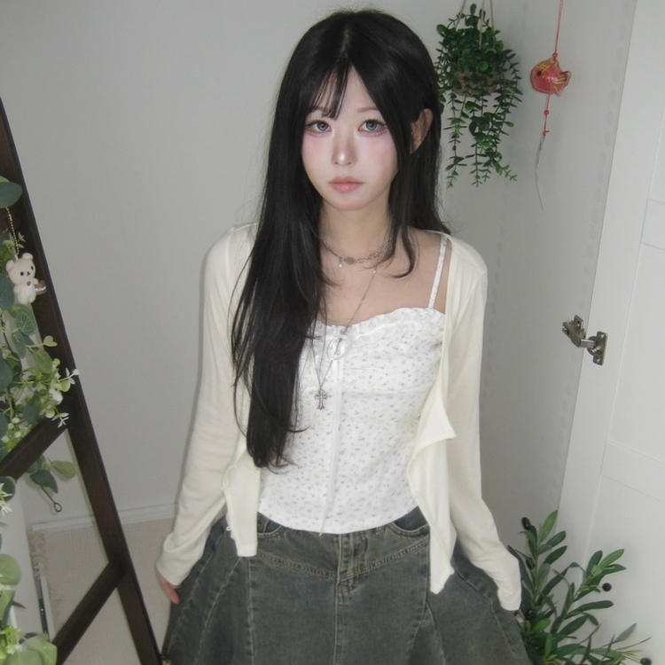 【SET】レース小花柄キャミソール＋カーディガン WHITE