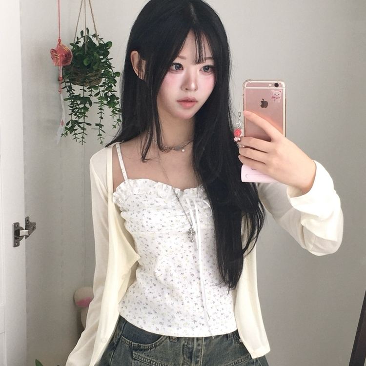 【SET】レース小花柄キャミソール＋カーディガン WHITE