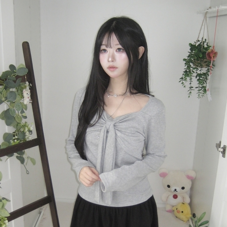 슬림핏 리본 긴팔 티셔츠 롱슬리브 스퀘어넥 그레이