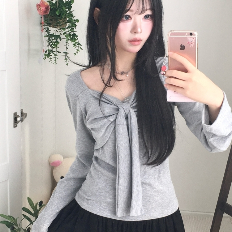 슬림핏 리본 긴팔 티셔츠 롱슬리브 스퀘어넥 그레이