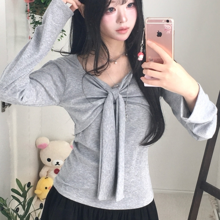 슬림핏 리본 긴팔 티셔츠 롱슬리브 스퀘어넥 그레이