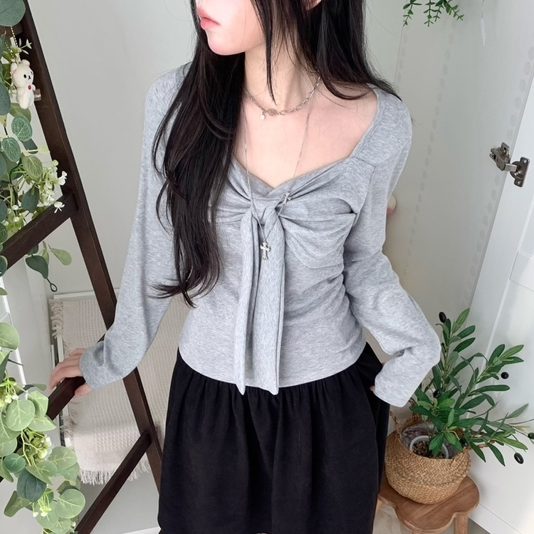 슬림핏 리본 긴팔 티셔츠 롱슬리브 스퀘어넥 그레이