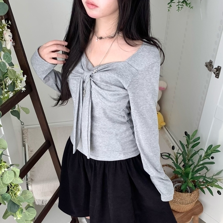 슬림핏 리본 긴팔 티셔츠 롱슬리브 스퀘어넥 그레이