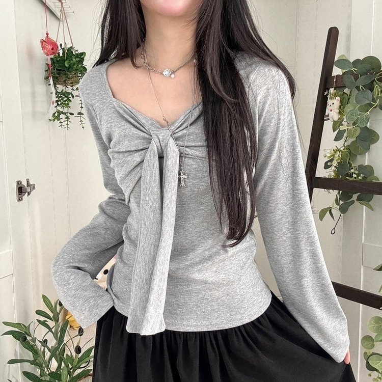 슬림핏 리본 긴팔 티셔츠 롱슬리브 스퀘어넥 그레이