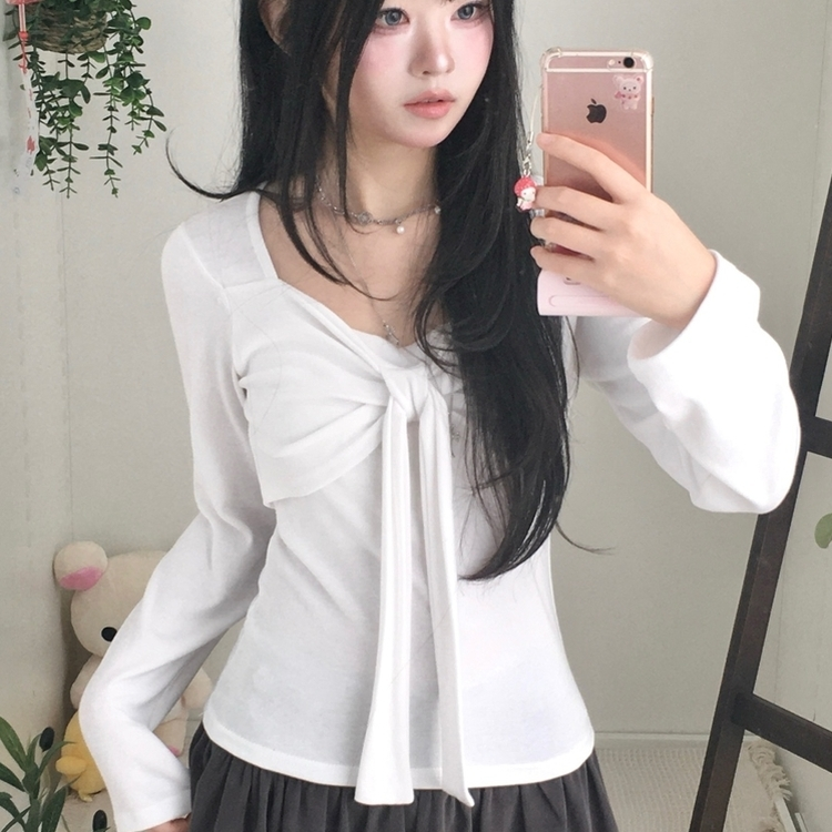 슬림핏 리본 긴팔 티셔츠 롱슬리브 스퀘어넥 아이보리