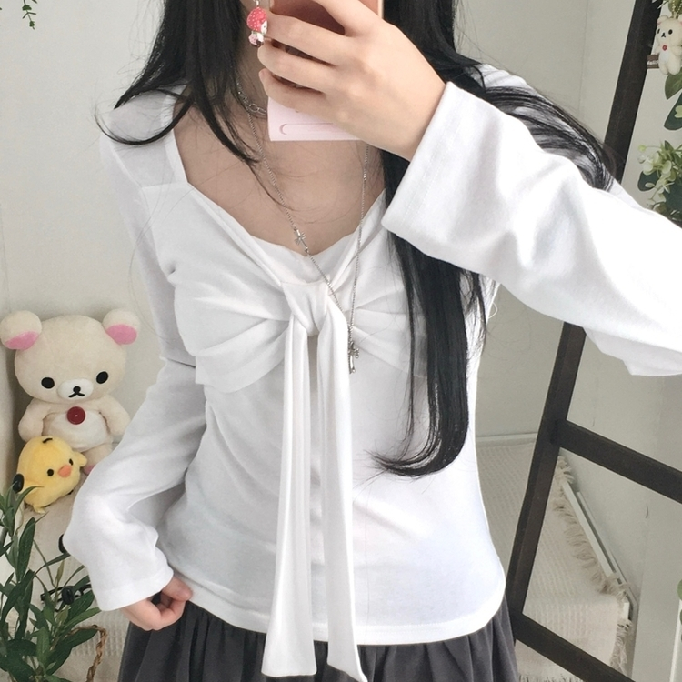 슬림핏 리본 긴팔 티셔츠 롱슬리브 스퀘어넥 아이보리
