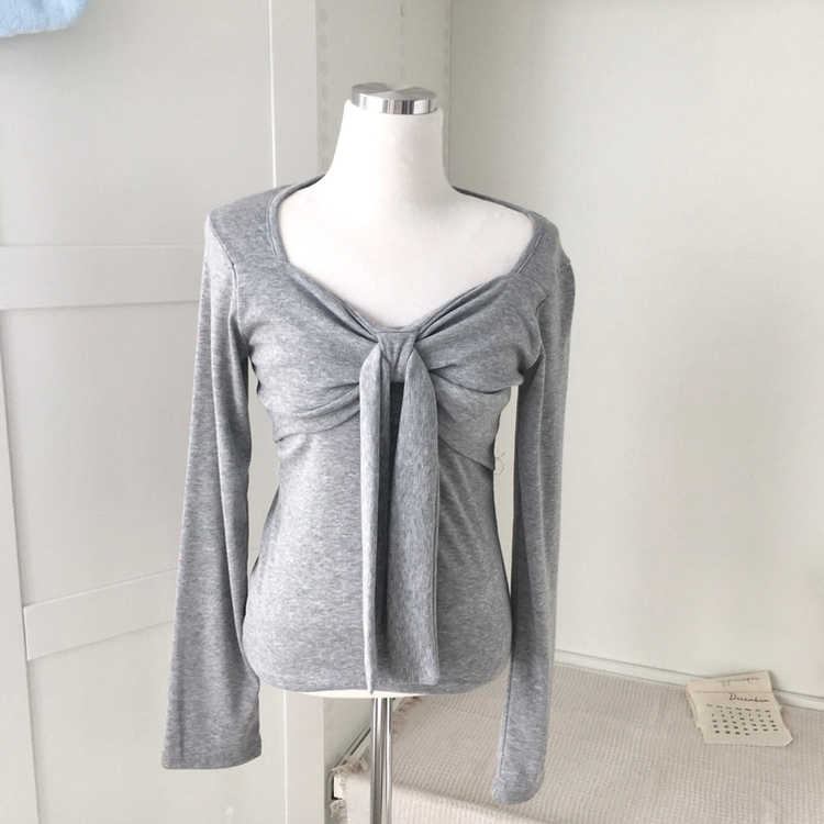 슬림핏 리본 긴팔 티셔츠 롱슬리브 스퀘어넥