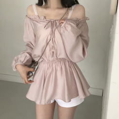 フリルオフショルダーウエストシェイプ長袖ブラウス LIGHT PINK