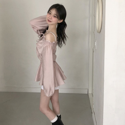 フリルオフショルダーウエストシェイプ長袖ブラウス LIGHT PINK