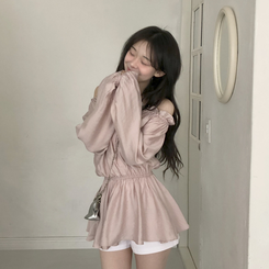 フリルオフショルダーウエストシェイプ長袖ブラウス LIGHT PINK