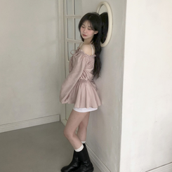 フリルオフショルダーウエストシェイプ長袖ブラウス LIGHT PINK