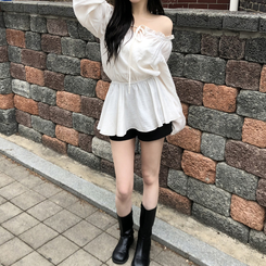 フリルオフショルダーウエストシェイプ長袖ブラウス IVORY