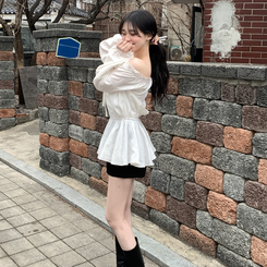 フリルオフショルダーウエストシェイプ長袖ブラウス IVORY