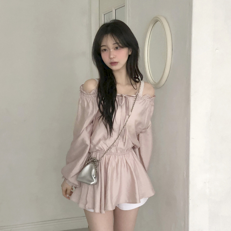 フリルオフショルダーウエストシェイプ長袖ブラウス LIGHT PINK