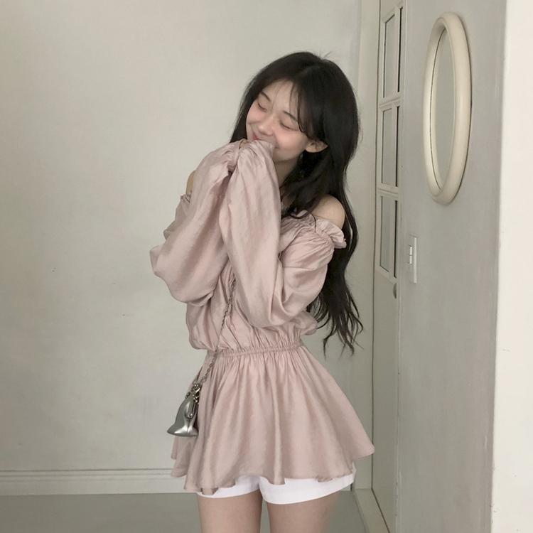 フリルオフショルダーウエストシェイプ長袖ブラウス LIGHT PINK