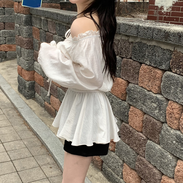 フリルオフショルダーウエストシェイプ長袖ブラウス IVORY