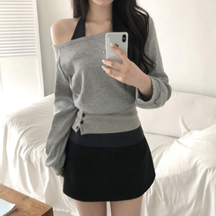 【SET】ワンオフショルダートップス＋ホルターネックキャミソール GREY