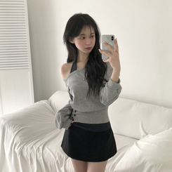 【SET】ワンオフショルダートップス＋ホルターネックキャミソール GREY