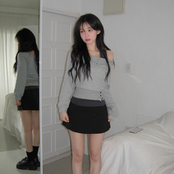 【SET】ワンオフショルダートップス＋ホルターネックキャミソール GREY