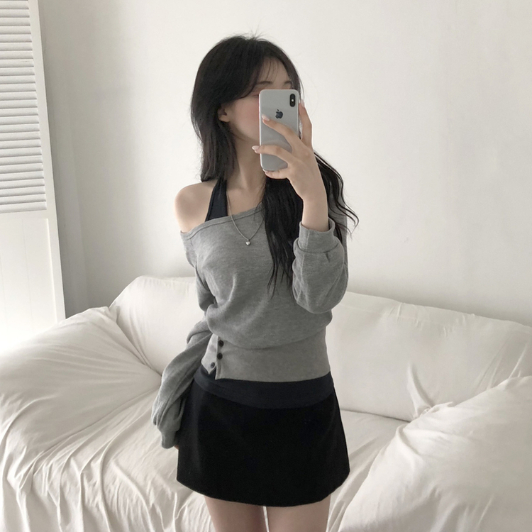 【SET】ワンオフショルダートップス＋ホルターネックキャミソール GREY