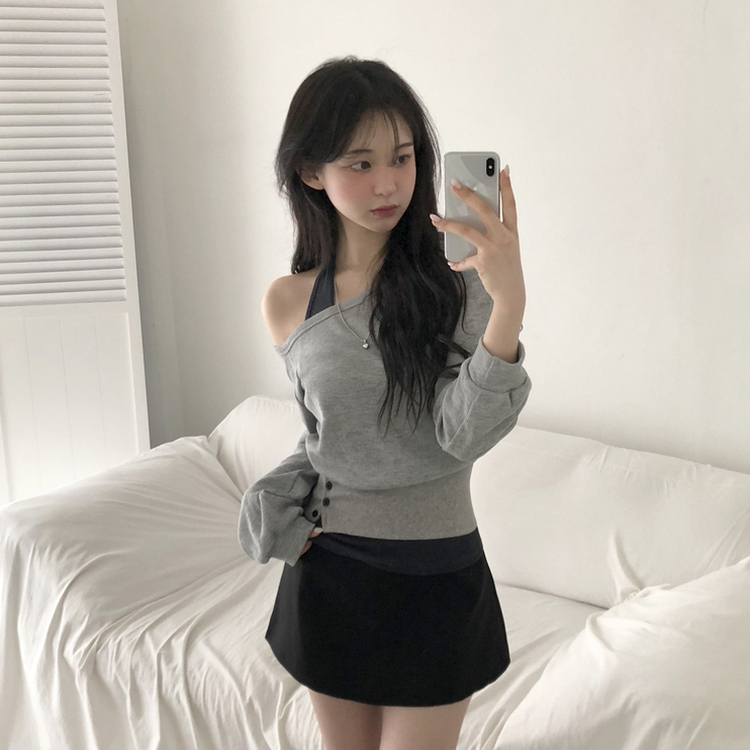 【SET】ワンオフショルダートップス＋ホルターネックキャミソール GREY