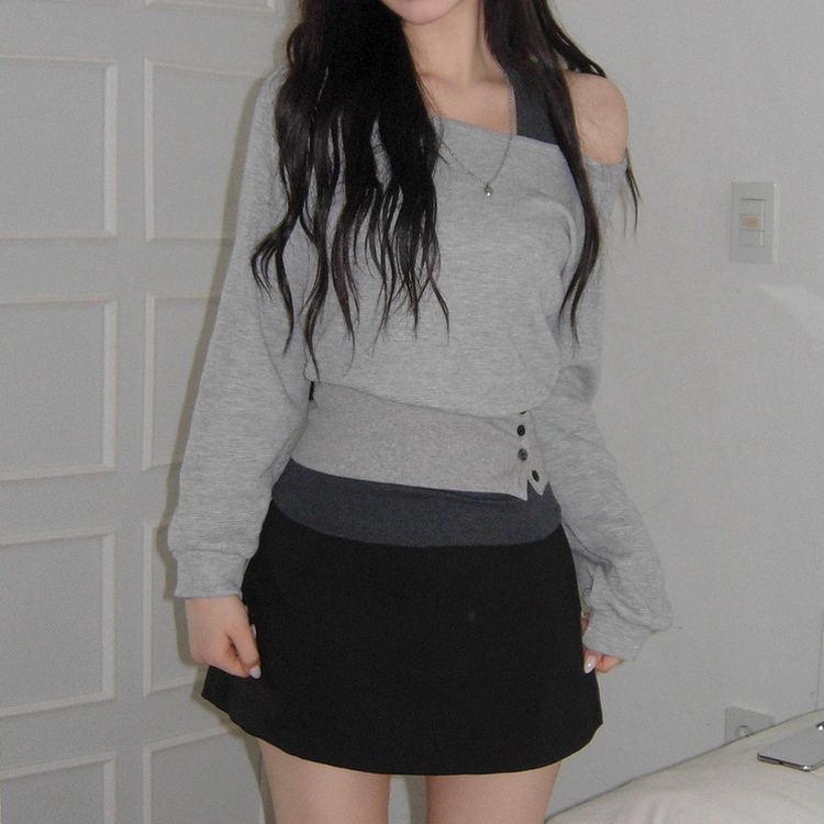 【SET】ワンオフショルダートップス＋ホルターネックキャミソール GREY