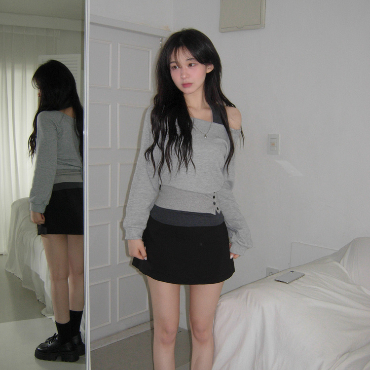 【SET】ワンオフショルダートップス＋ホルターネックキャミソール GREY