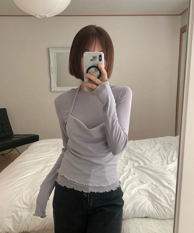 【SET】ホルターネックキャミソール＋レイヤードTシャツ(5color) GREY