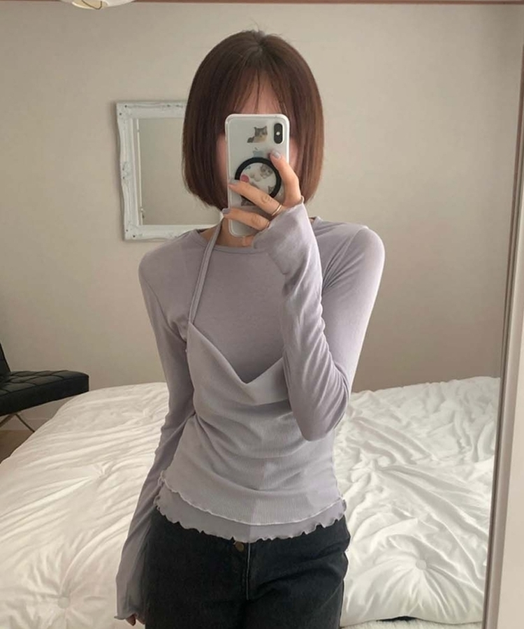 【SET】ホルターネックキャミソール＋レイヤードTシャツ(5color) GREY