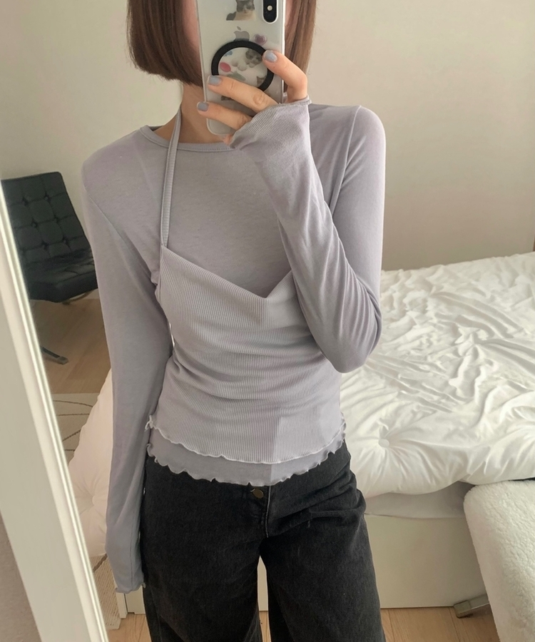 【SET】ホルターネックキャミソール＋レイヤードTシャツ(5color) GREY