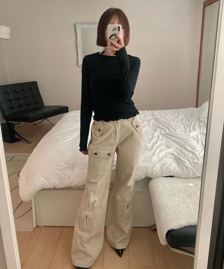 【SET】ホルターネックキャミソール＋レイヤードTシャツ(5color) BLACK