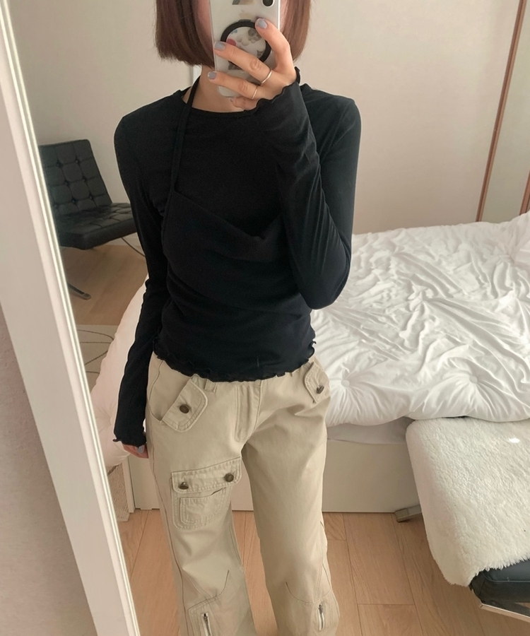 【SET】ホルターネックキャミソール＋レイヤードTシャツ(5color) BLACK