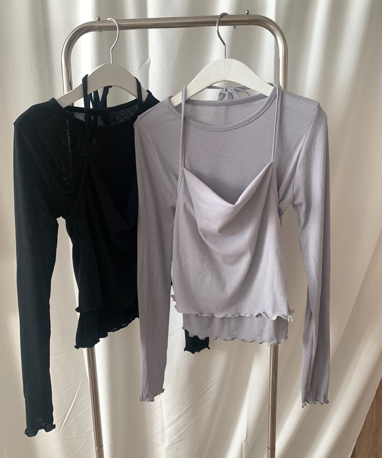 【SET】ホルターネックキャミソール＋レイヤードTシャツ(5color)